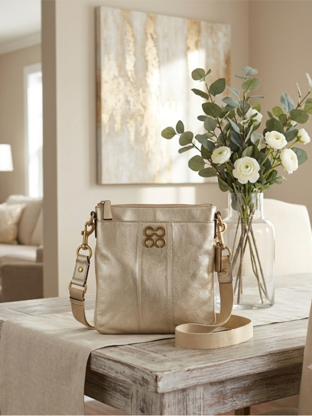 Coach Julia Leather Swingpack Metallic Gold Crossbody Bag with Logo Accent